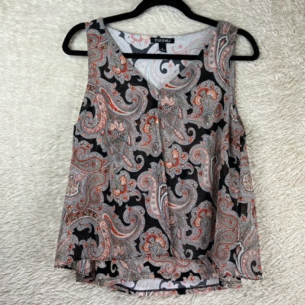 Roz & Ali Womens Tank Top Black Red‎ Paisley V Neck Stretch Layered Pullover S